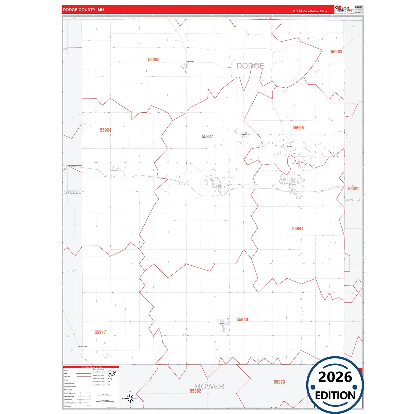 Dodge County, MN Red Line map with detailed roads, cities, and ZIP code boundaries.