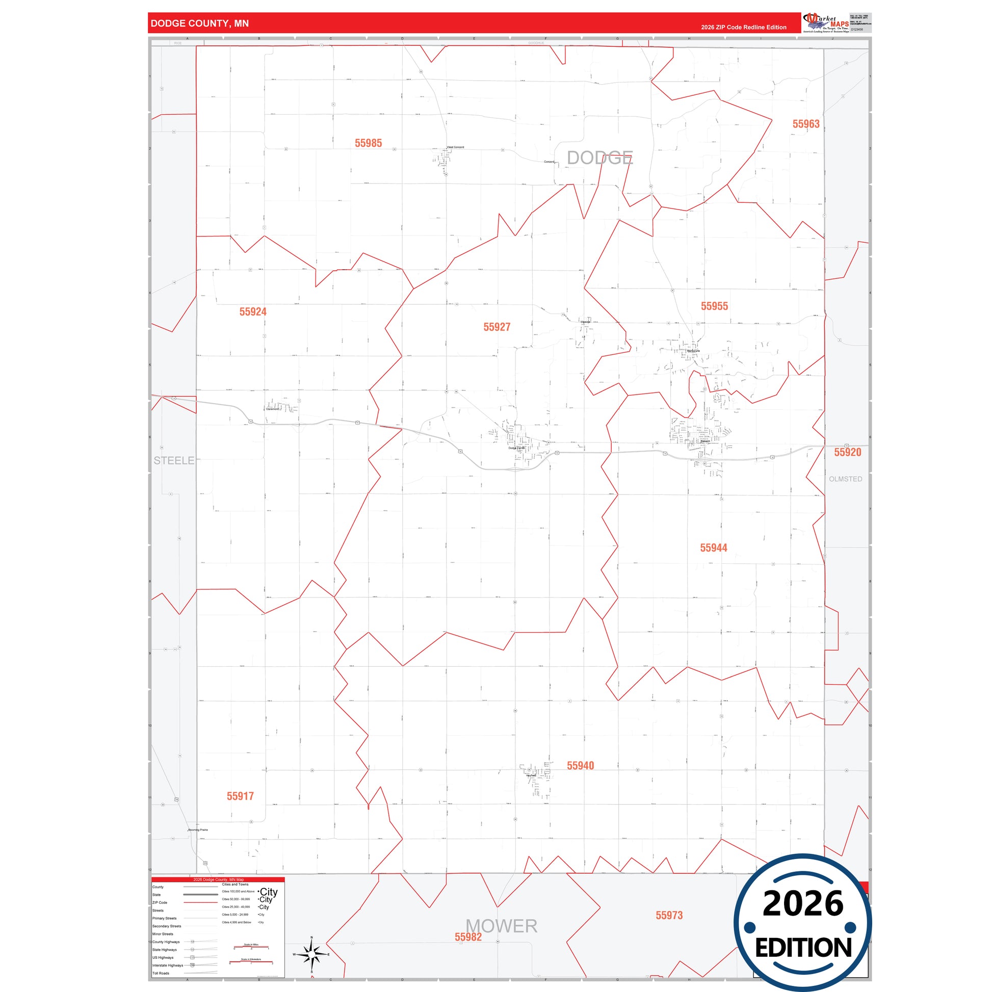 Dodge County, MN Red Line map with detailed roads, cities, and ZIP code boundaries.