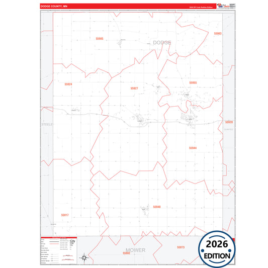 Dodge County, MN Red Line map with detailed roads, cities, and ZIP code boundaries.