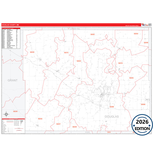Douglas County, MN Red Line map with detailed roads, cities, and ZIP code boundaries.