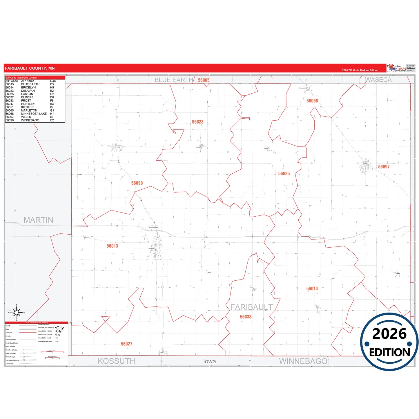 Faribault County, MN Red Line map with detailed roads, cities, and ZIP code boundaries.