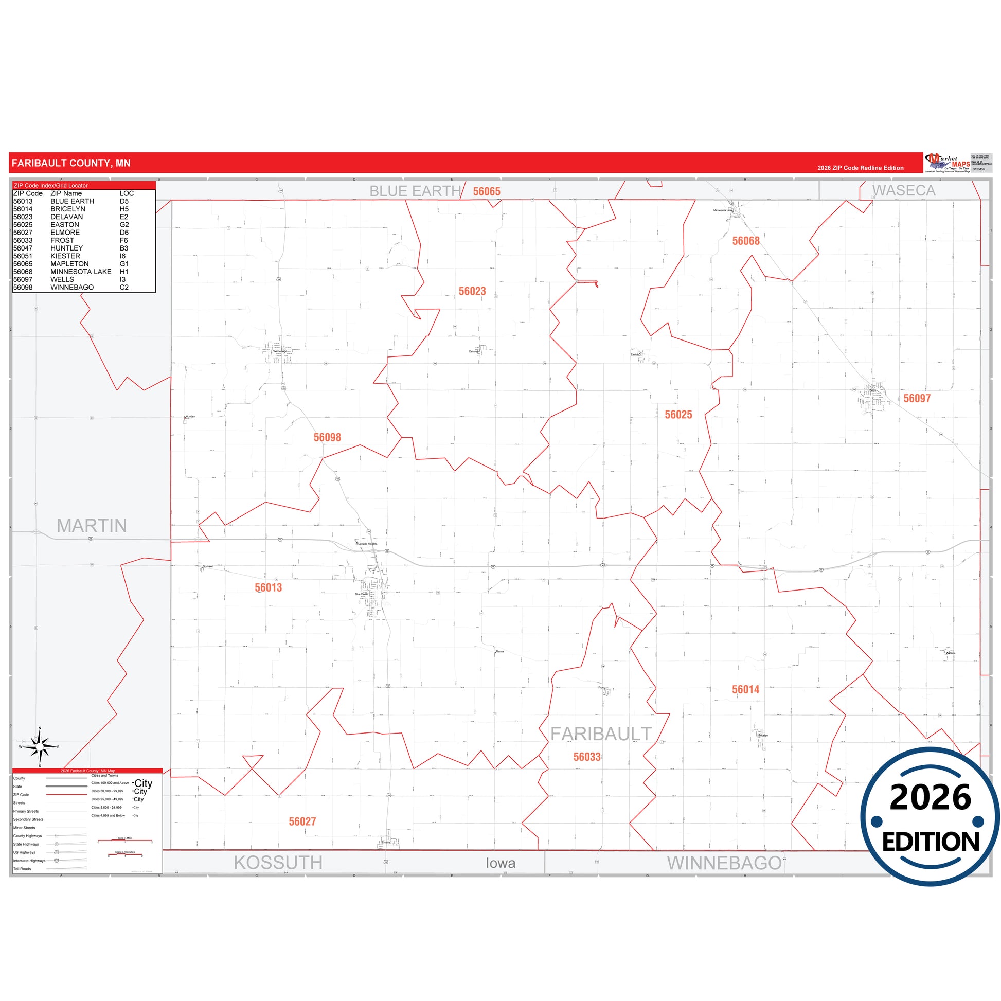 Faribault County, MN Red Line map with detailed roads, cities, and ZIP code boundaries.