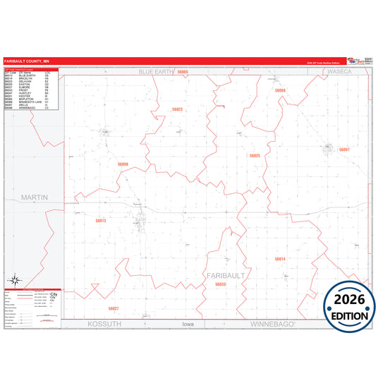 Faribault County, MN Red Line 5 Digit ZIP Code Wall Map