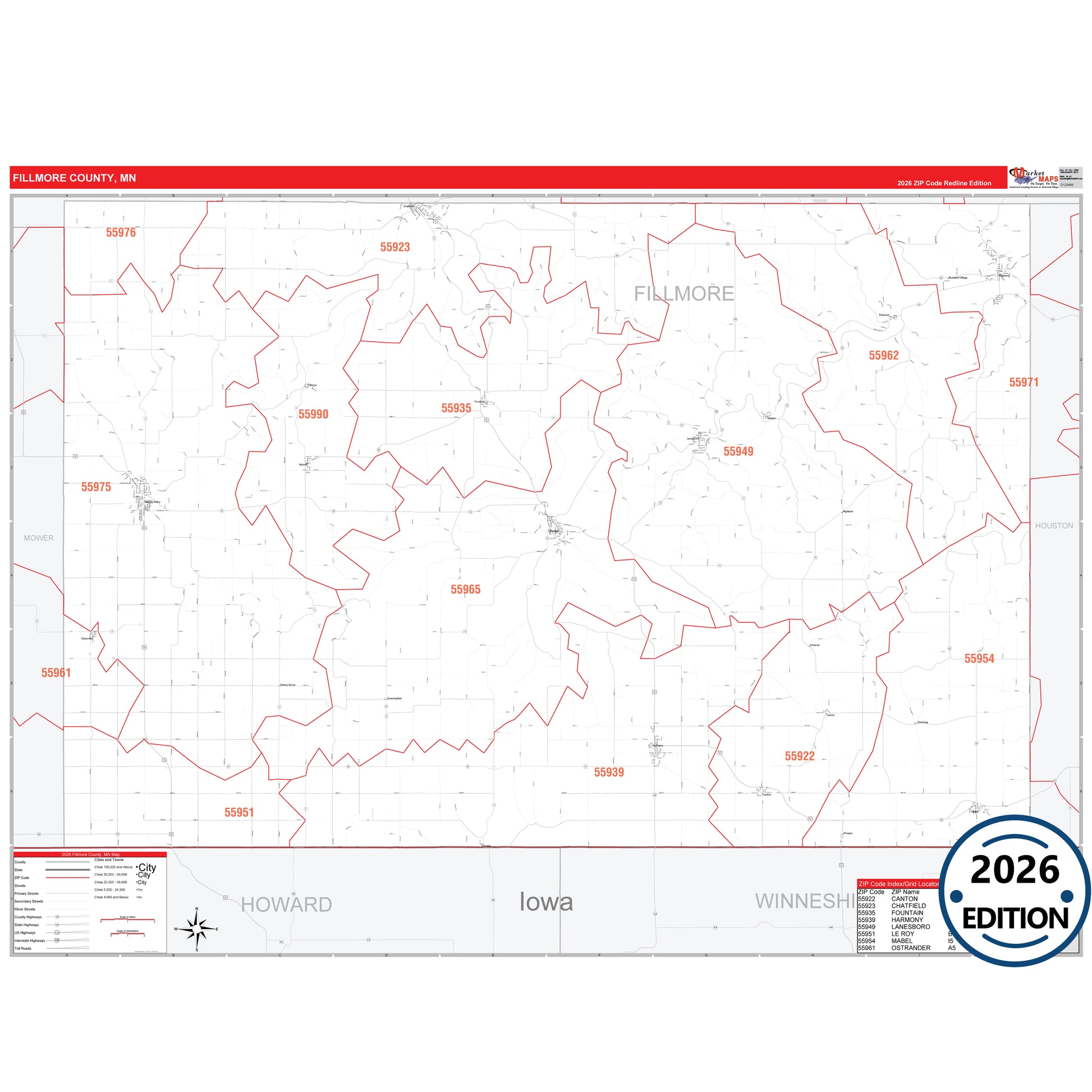 Fillmore County, MN Red Line map with detailed roads, cities, and ZIP code boundaries.