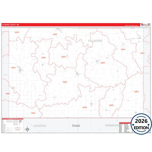 Fillmore County, MN Red Line map with detailed roads, cities, and ZIP code boundaries.