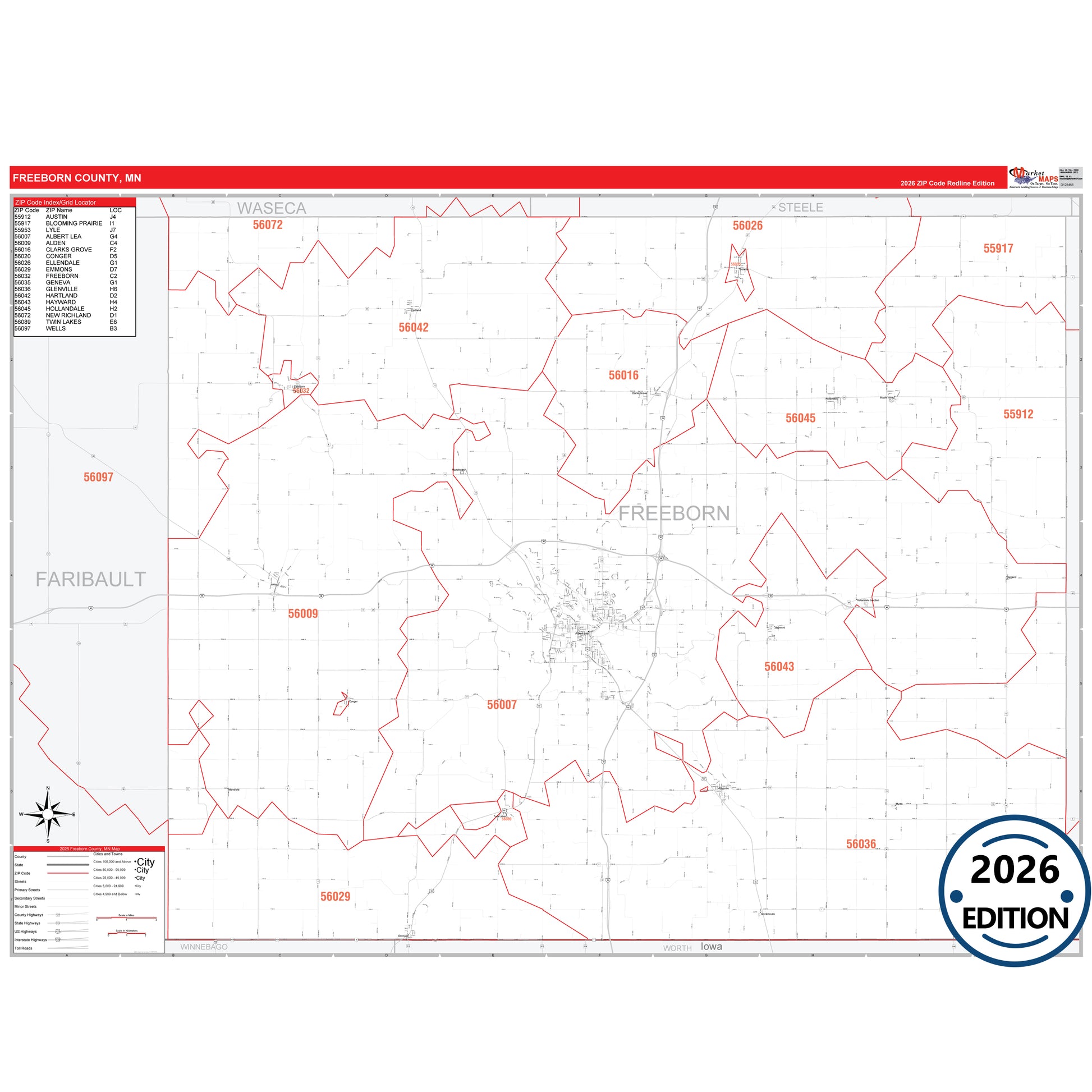 Freeborn County, MN Red Line map with detailed roads, cities, and ZIP code boundaries.
