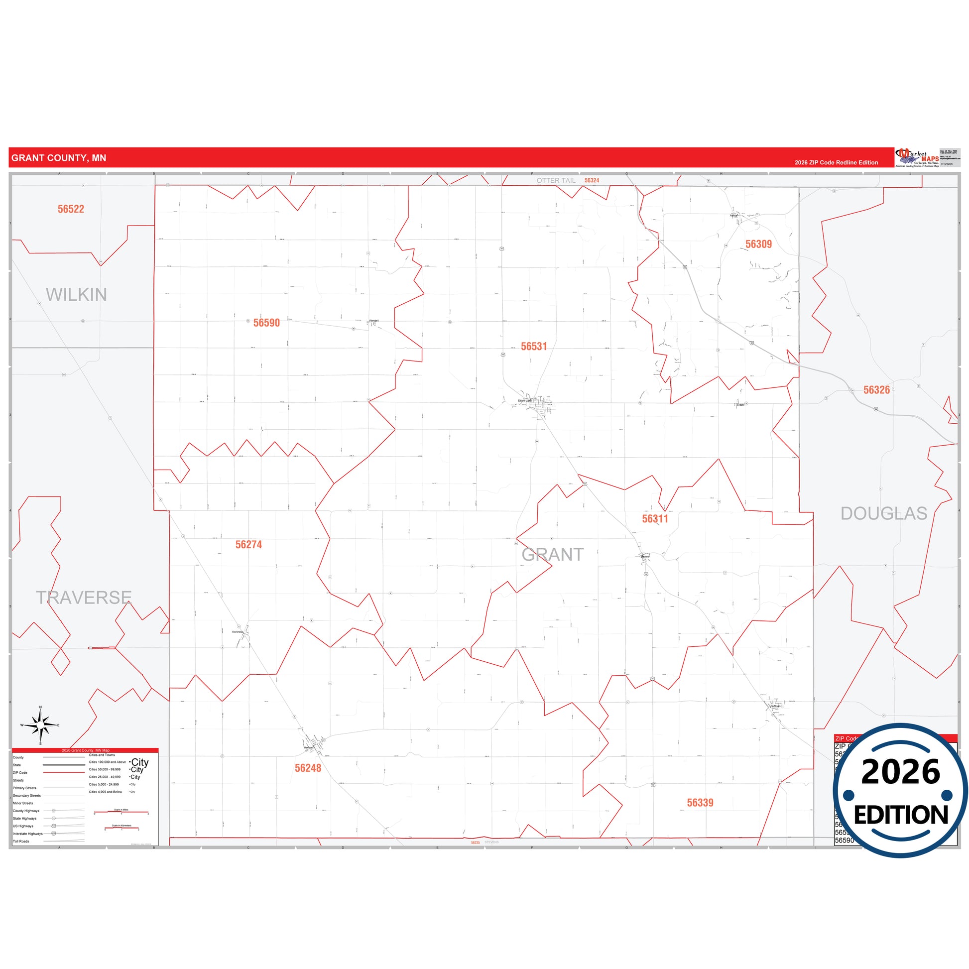 Grant County, MN Red Line map with detailed roads, cities, and ZIP code boundaries.