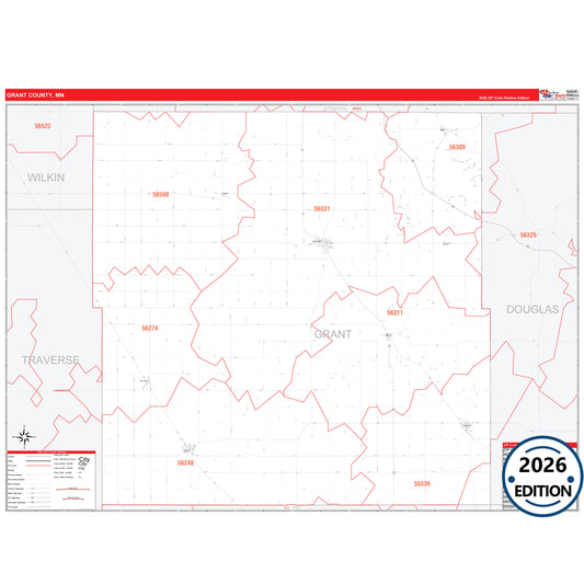 Grant County, MN Red Line map with detailed roads, cities, and ZIP code boundaries.