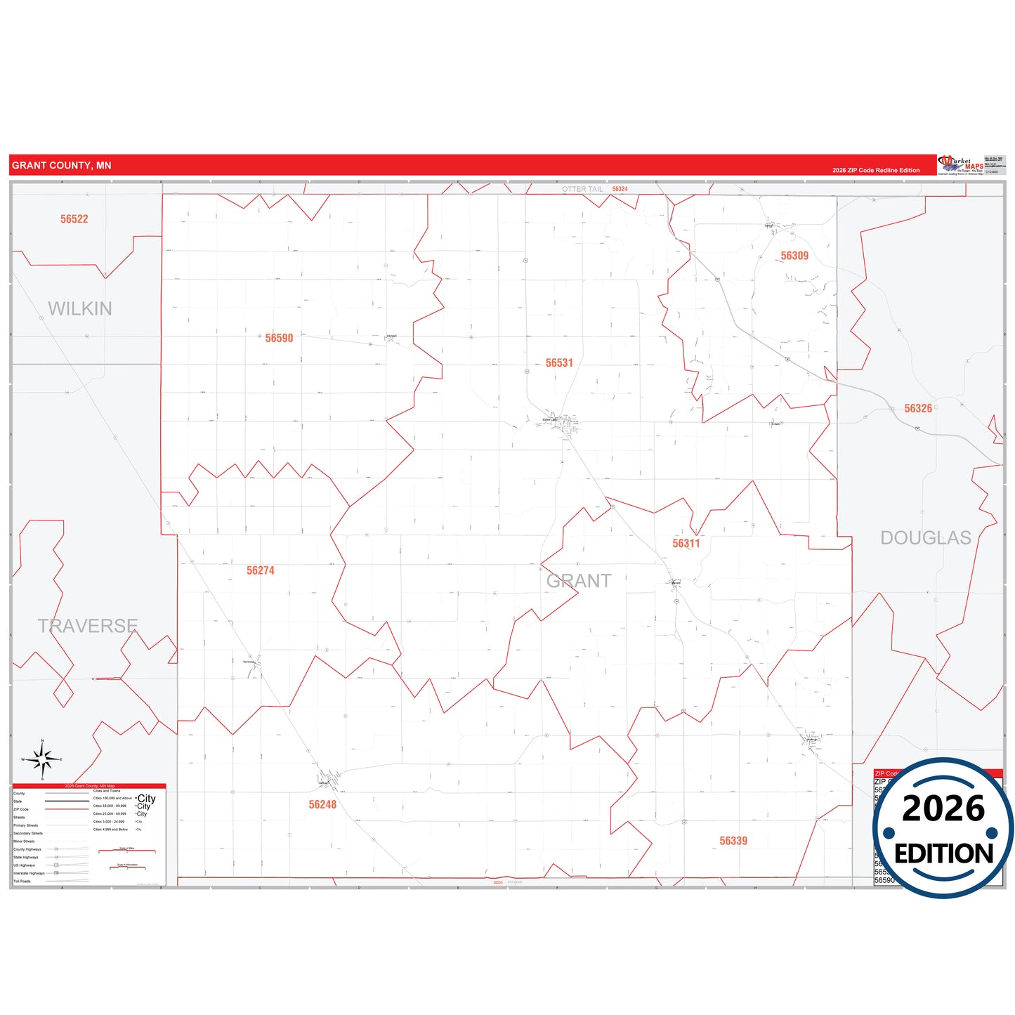 Grant County, MN Red Line 5 Digit ZIP Code Wall Map