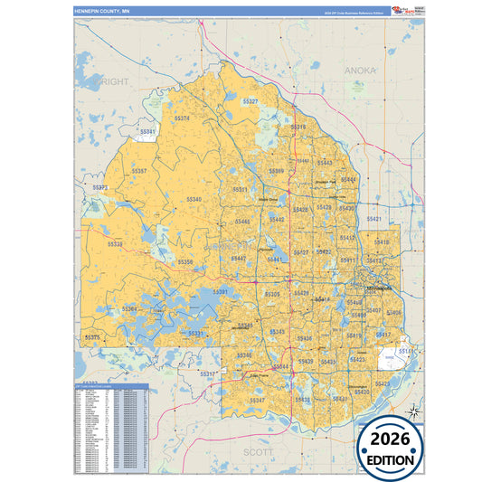 Hennepin County, MN Business Reference 5 Digit ZIP Code Wall Map