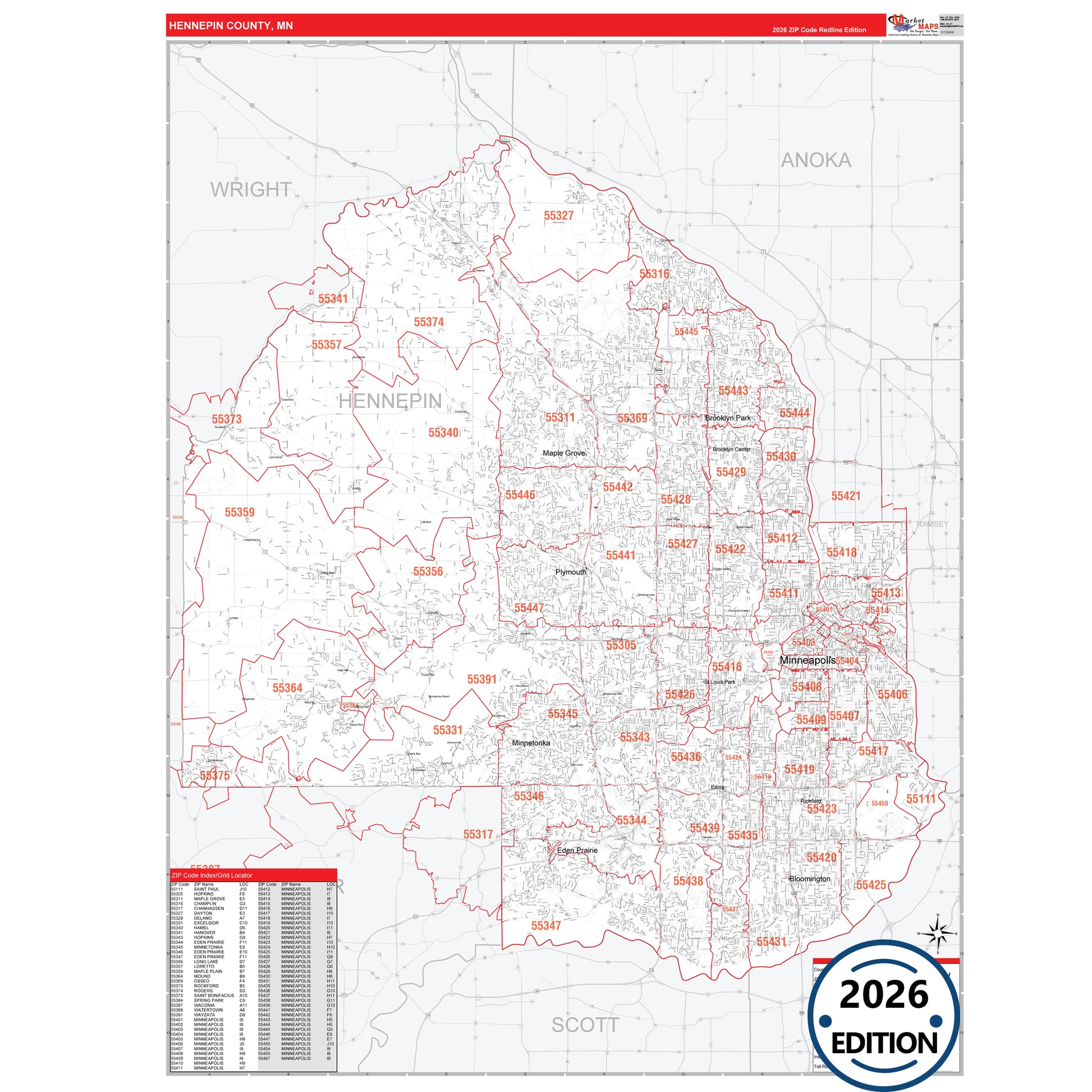 Hennepin County, MN Red Line map with detailed roads, cities, and ZIP code boundaries.