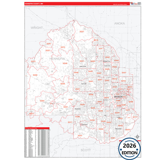 Hennepin County, MN Red Line map with detailed roads, cities, and ZIP code boundaries.