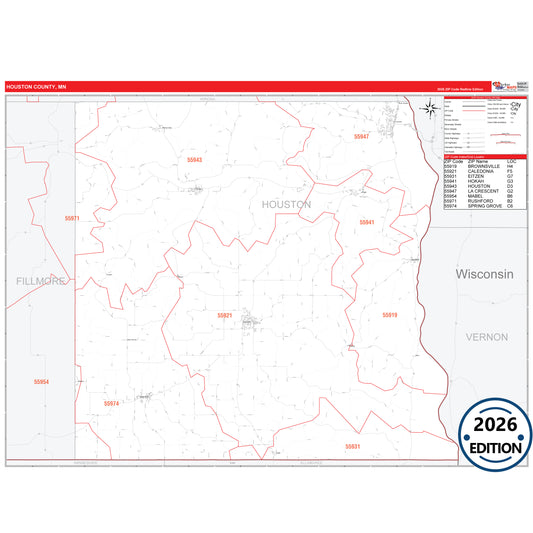Houston County, MN Red Line map with detailed roads, cities, and ZIP code boundaries.