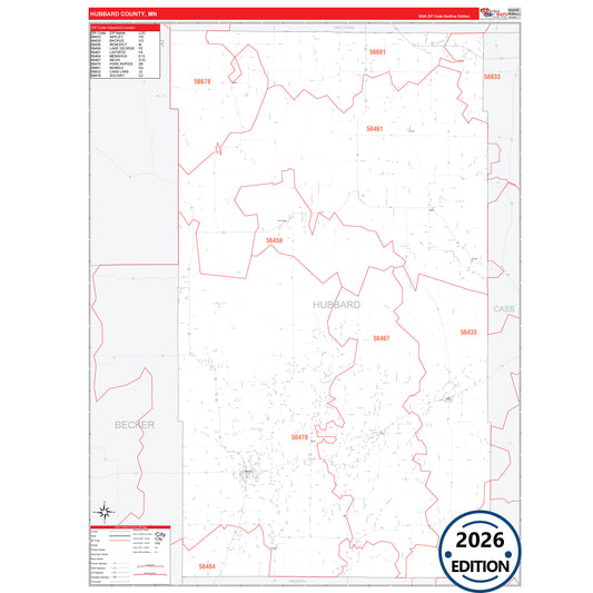 Hubbard County, MN Red Line map with detailed roads, cities, and ZIP code boundaries.