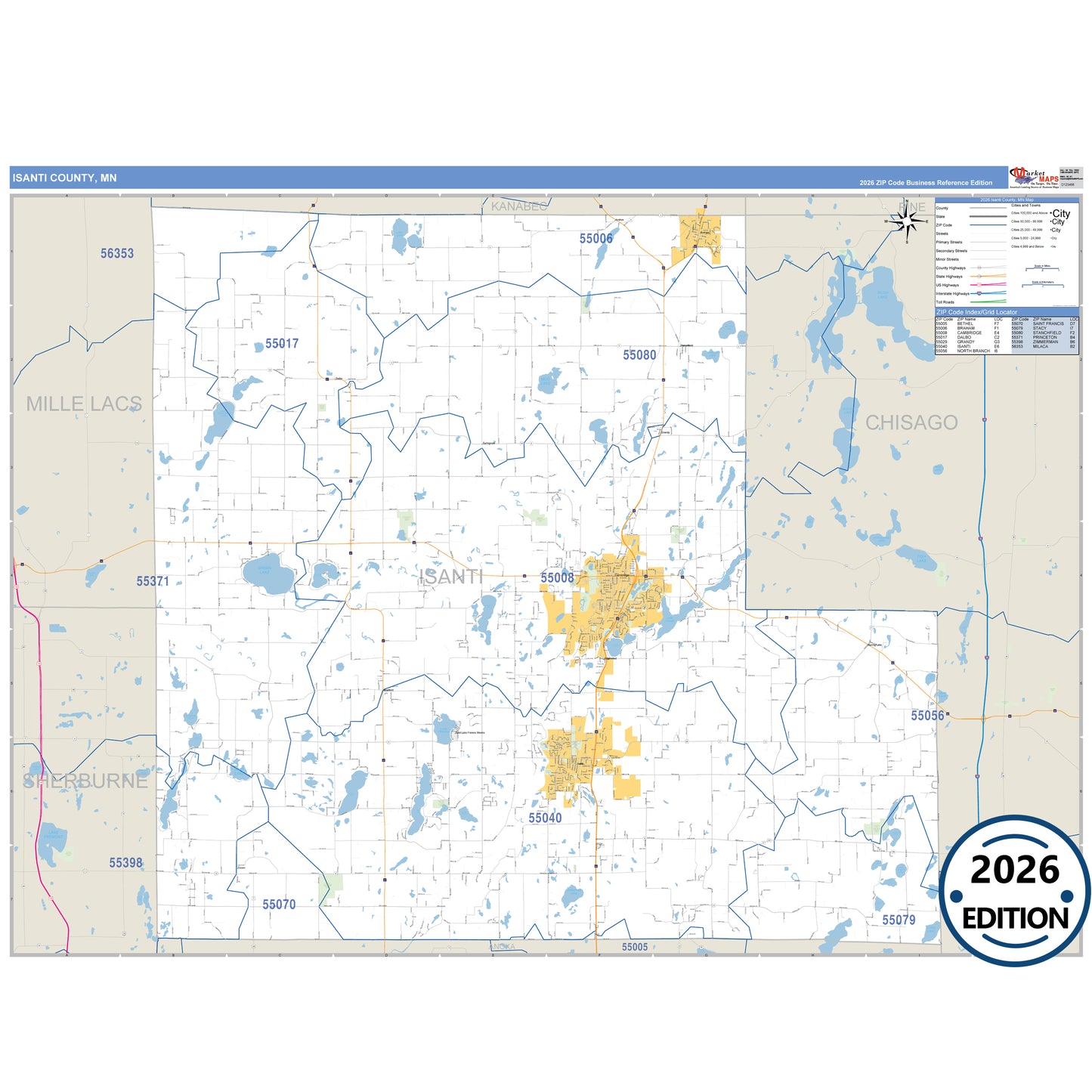 Isanti County, MN Business Reference 5 Digit ZIP Code Wall Map