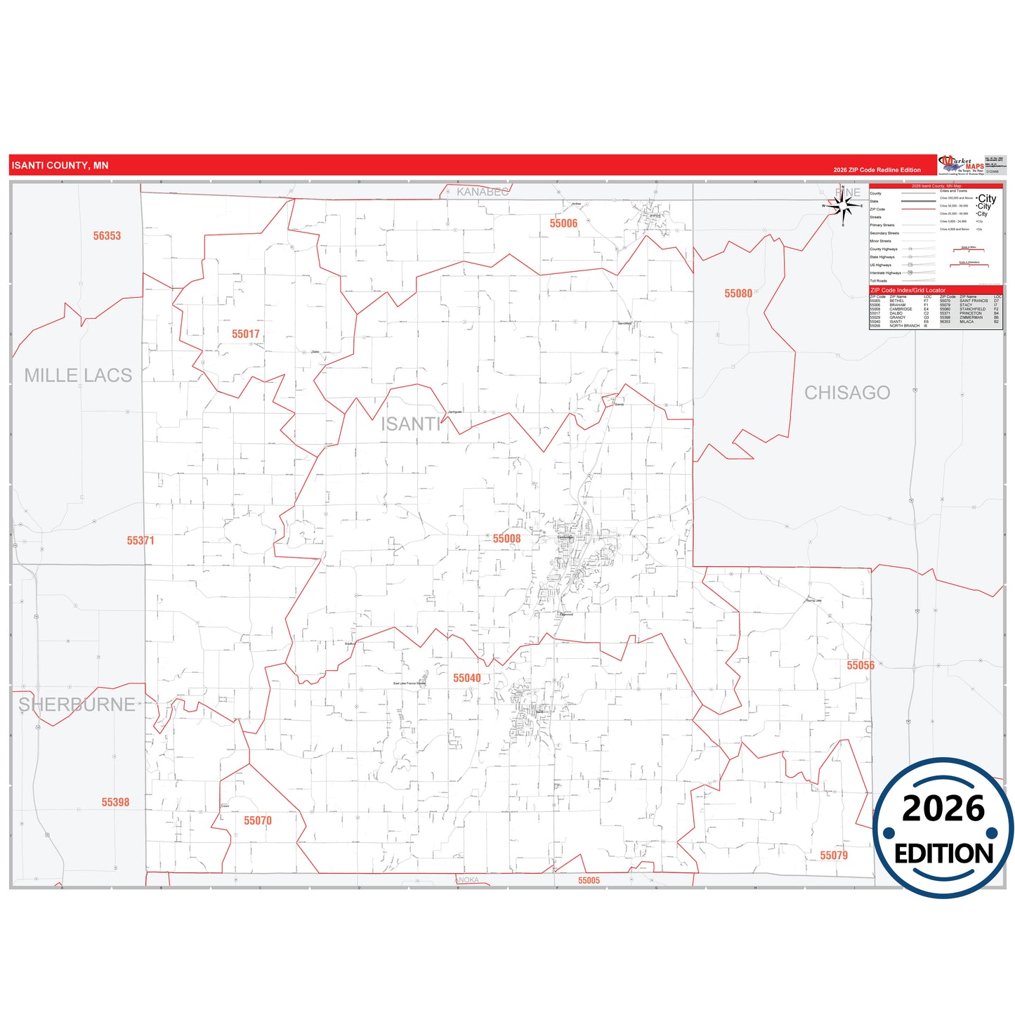 Isanti County, MN Red Line 5 Digit ZIP Code Wall Map