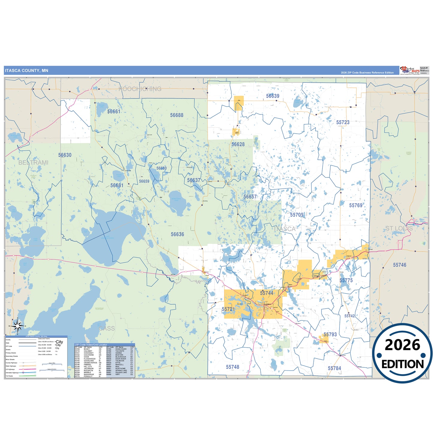 Itasca County, MN Business Reference 5 Digit ZIP Code Wall Map
