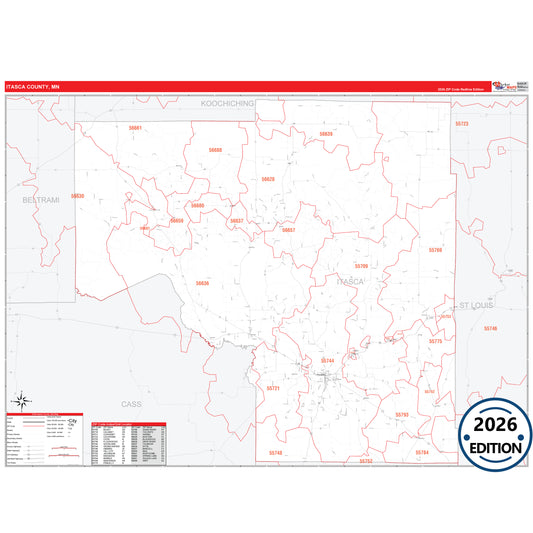 Itasca County, MN Red Line 5 Digit ZIP Code Wall Map