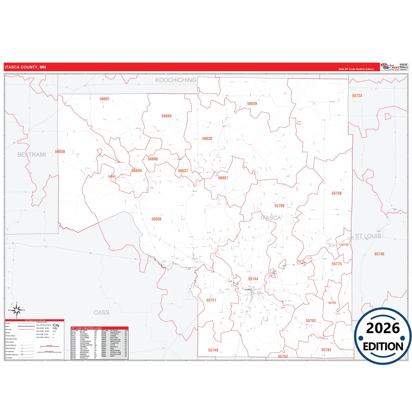 Itasca County, MN Red Line map with detailed roads, cities, and ZIP code boundaries.