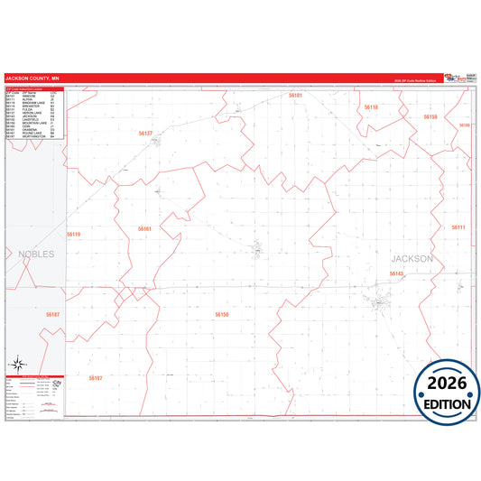 Jackson County, MN Red Line 5 Digit ZIP Code Wall Map