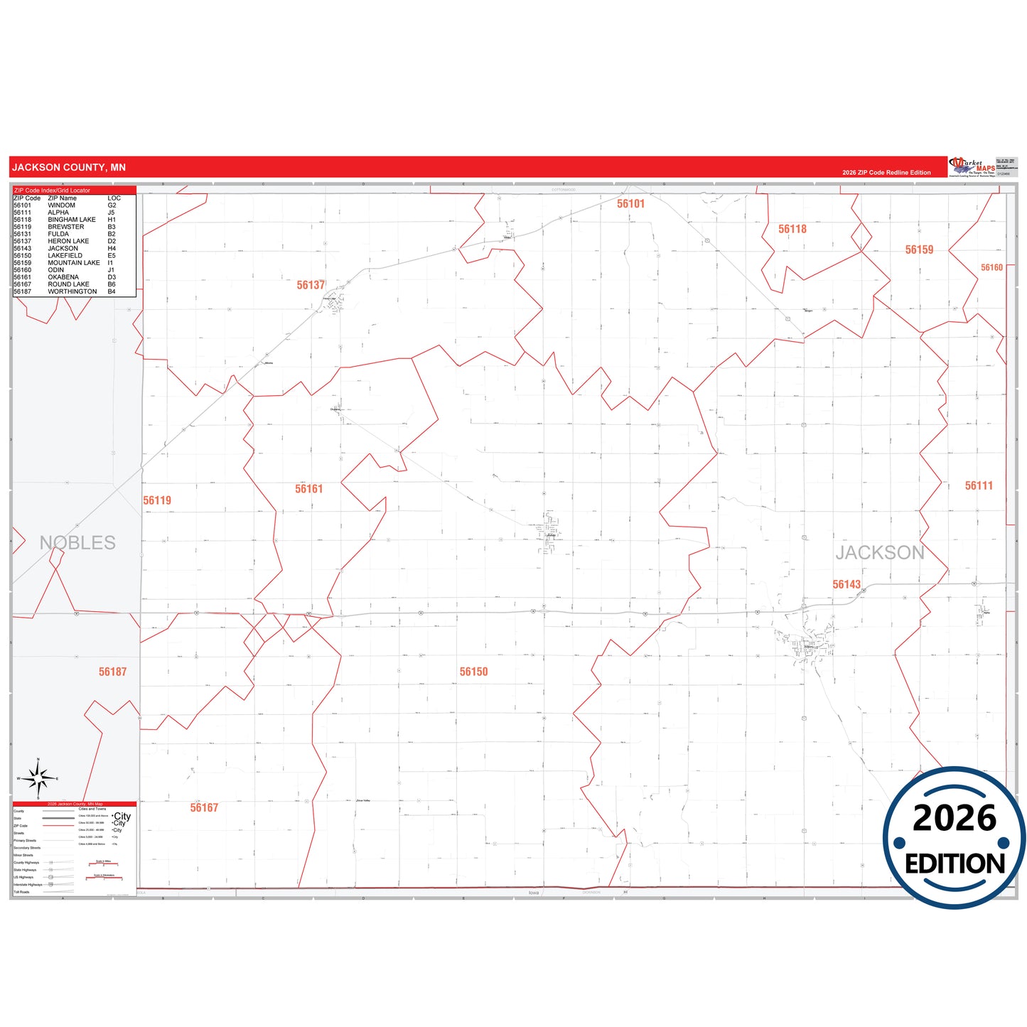 Jackson County, MN Red Line map with detailed roads, cities, and ZIP code boundaries.