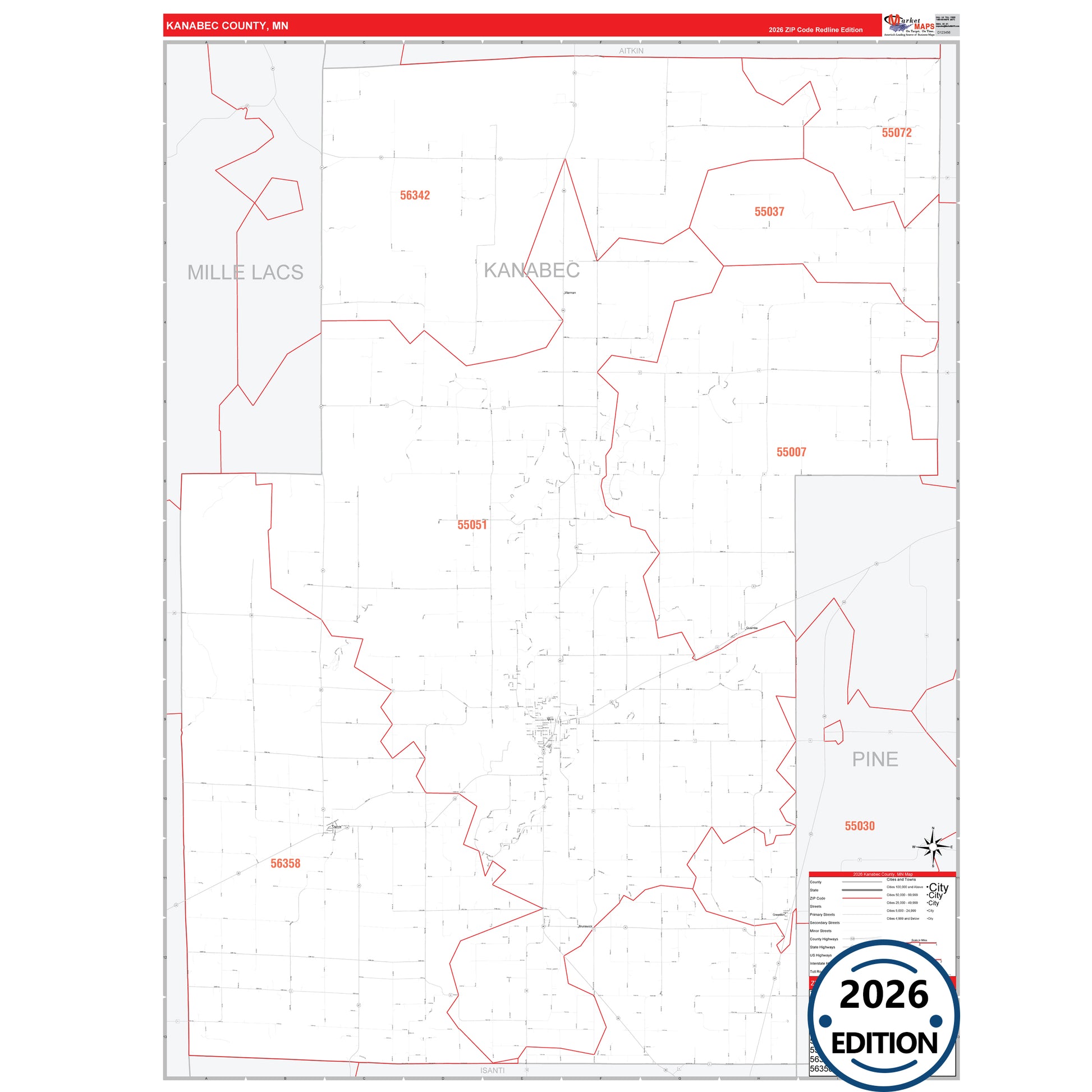 Kanabec County, MN Red Line map with detailed roads, cities, and ZIP code boundaries.