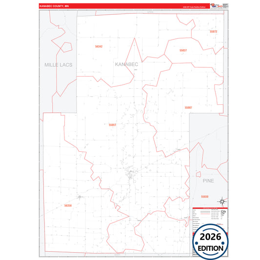 Kanabec County, MN Red Line 5 Digit ZIP Code Wall Map