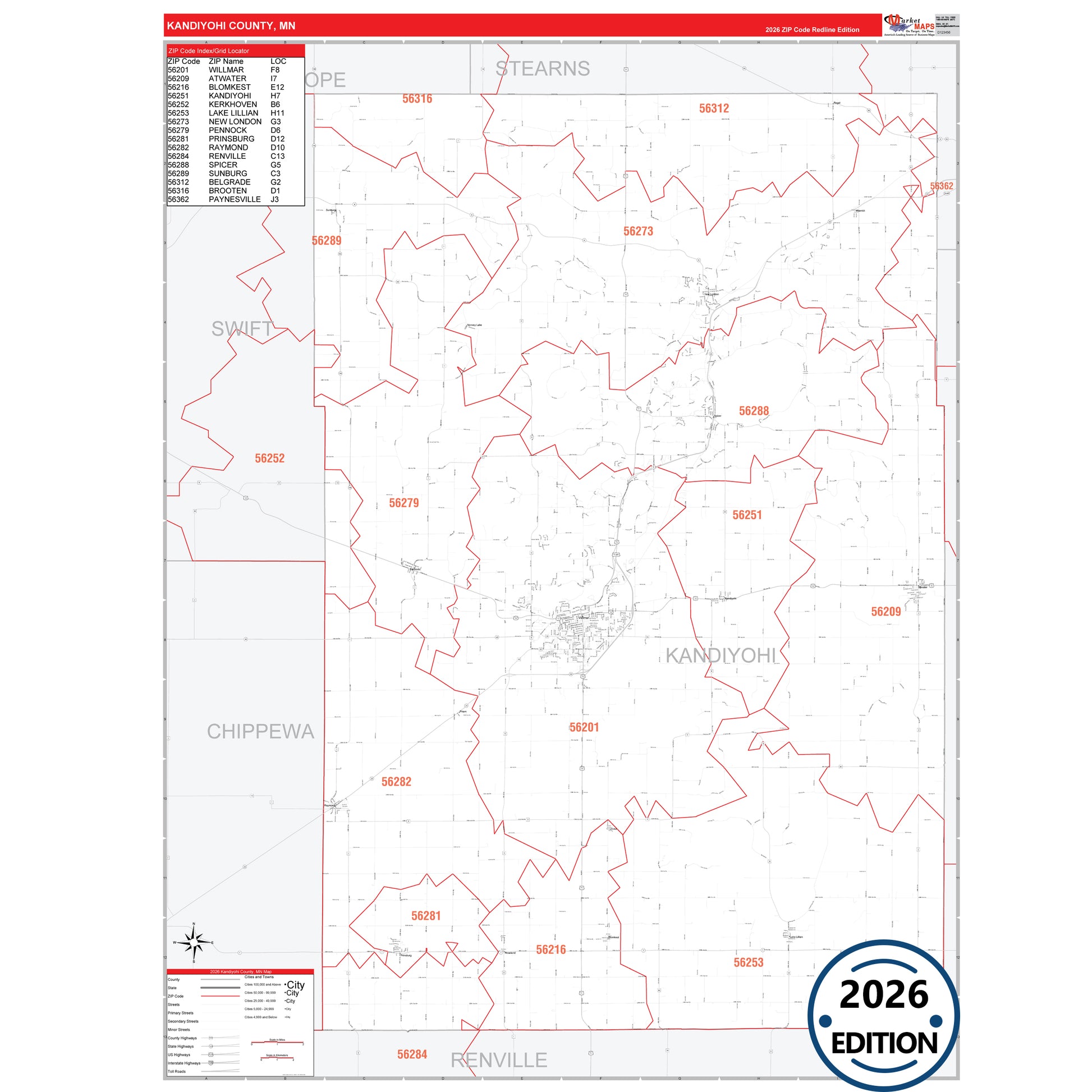 Kandiyohi County, MN Red Line map with detailed roads, cities, and ZIP code boundaries.