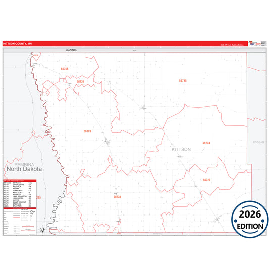Kittson County, MN Red Line 5 Digit ZIP Code Wall Map