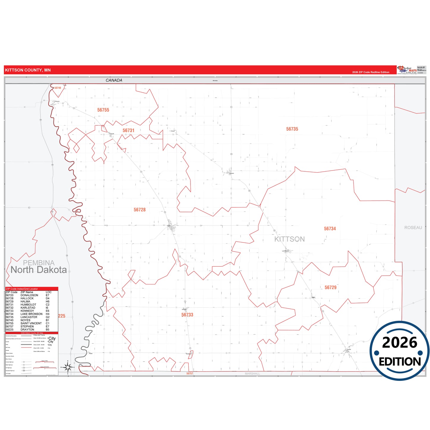 Kittson County, MN Red Line map with detailed roads, cities, and ZIP code boundaries.