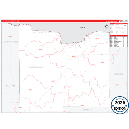 Koochiching County, MN Red Line 5 Digit ZIP Code Wall Map