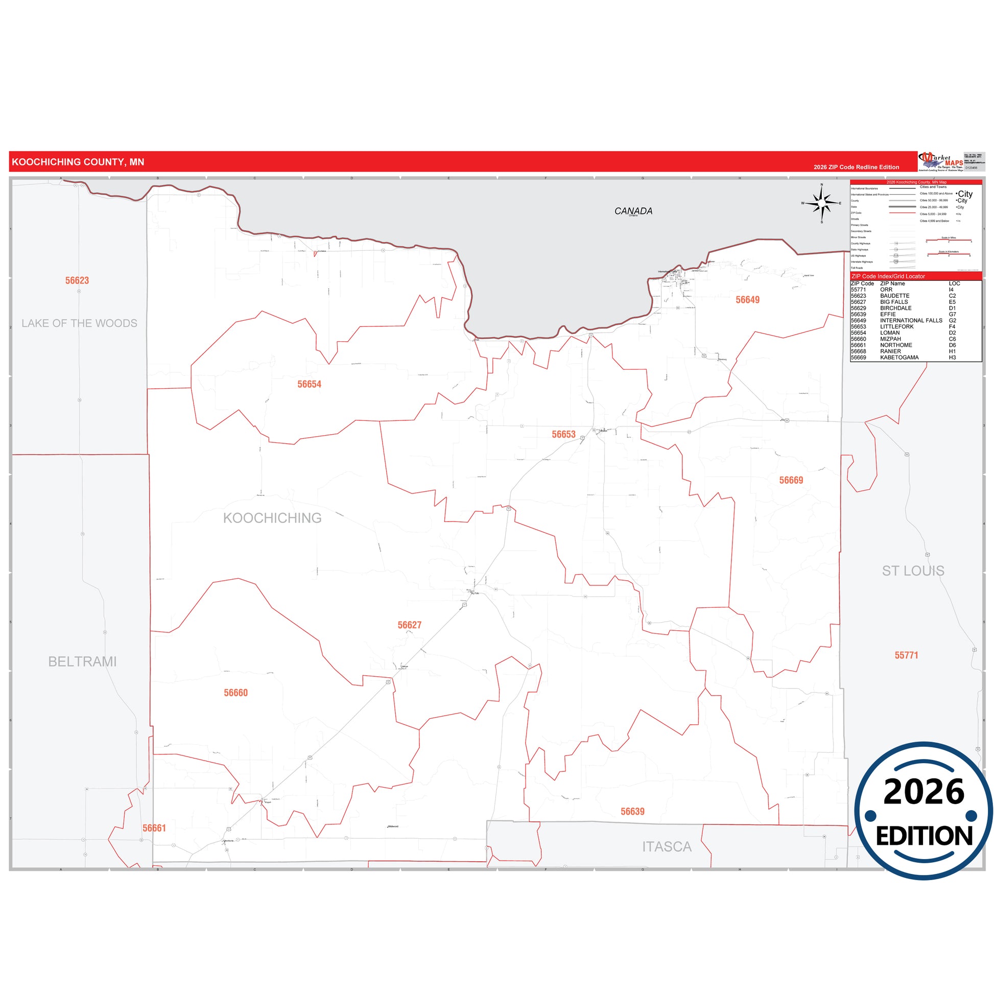 Koochiching County, MN Red Line map with detailed roads, cities, and ZIP code boundaries.
