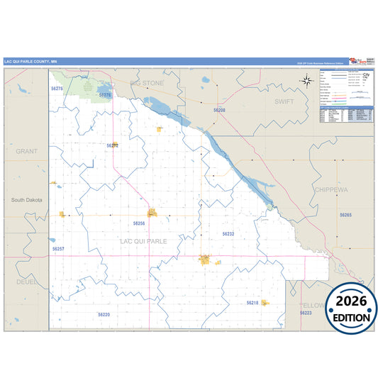 Lac qui Parle County, MN Business Reference 5 Digit ZIP Code Wall Map
