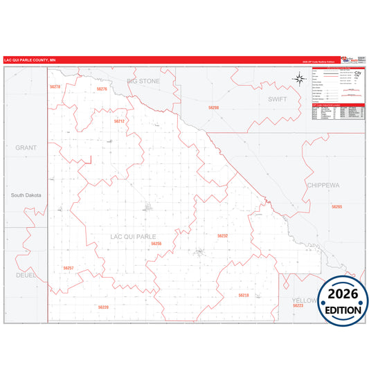 Lac qui Parle County, MN Red Line map with detailed roads, cities, and ZIP code boundaries.