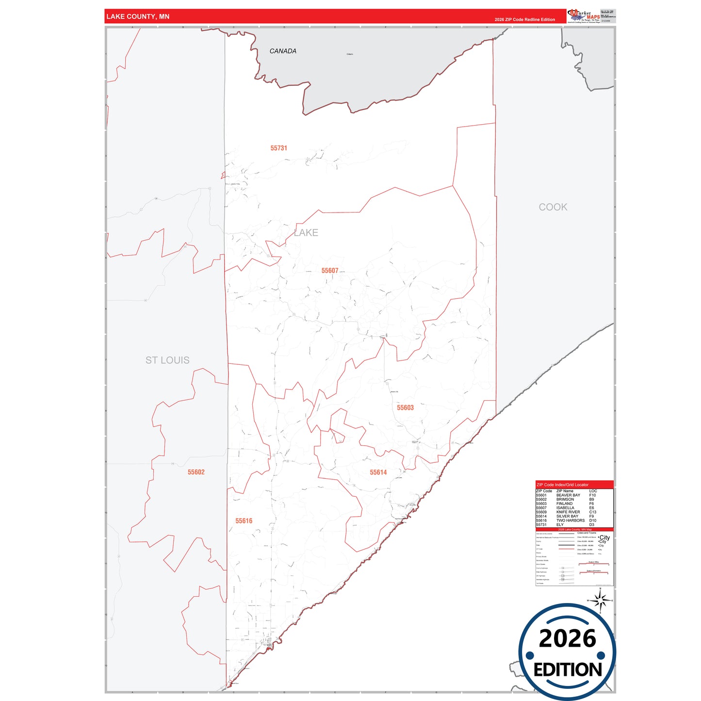 Lake County, MN Red Line 5 Digit ZIP Code Wall Map