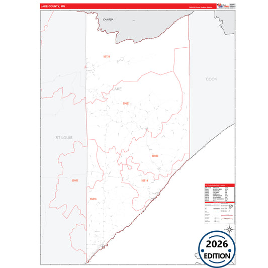 Lake County, MN Red Line 5 Digit ZIP Code Wall Map