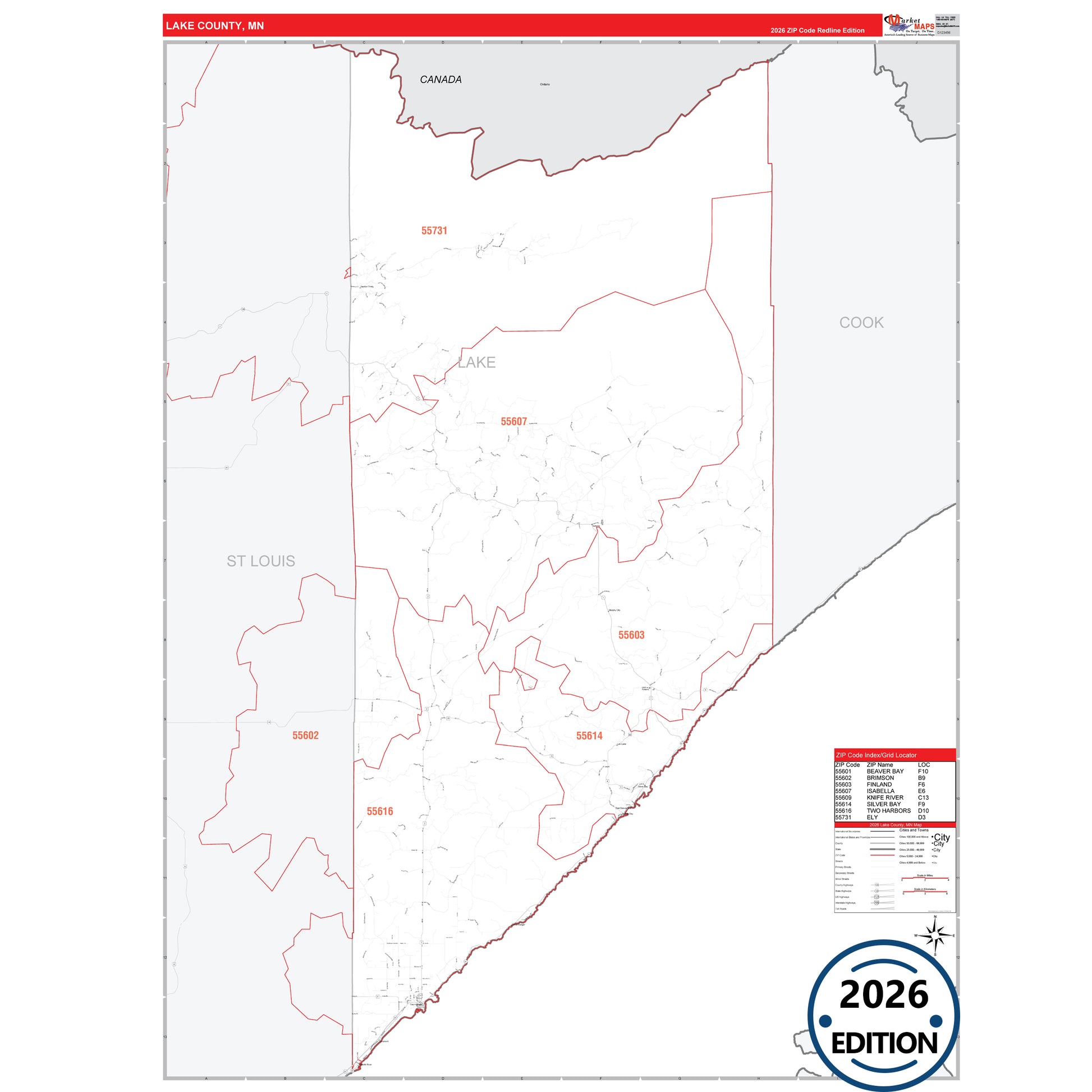 Lake County, MN Red Line map with detailed roads, cities, and ZIP code boundaries.