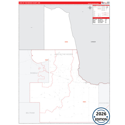 Lake Of The Woods County, MN Red Line 5 Digit ZIP Code Wall Map