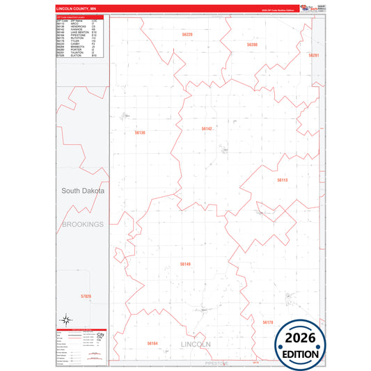 Lincoln County, MN Red Line 5 Digit ZIP Code Wall Map