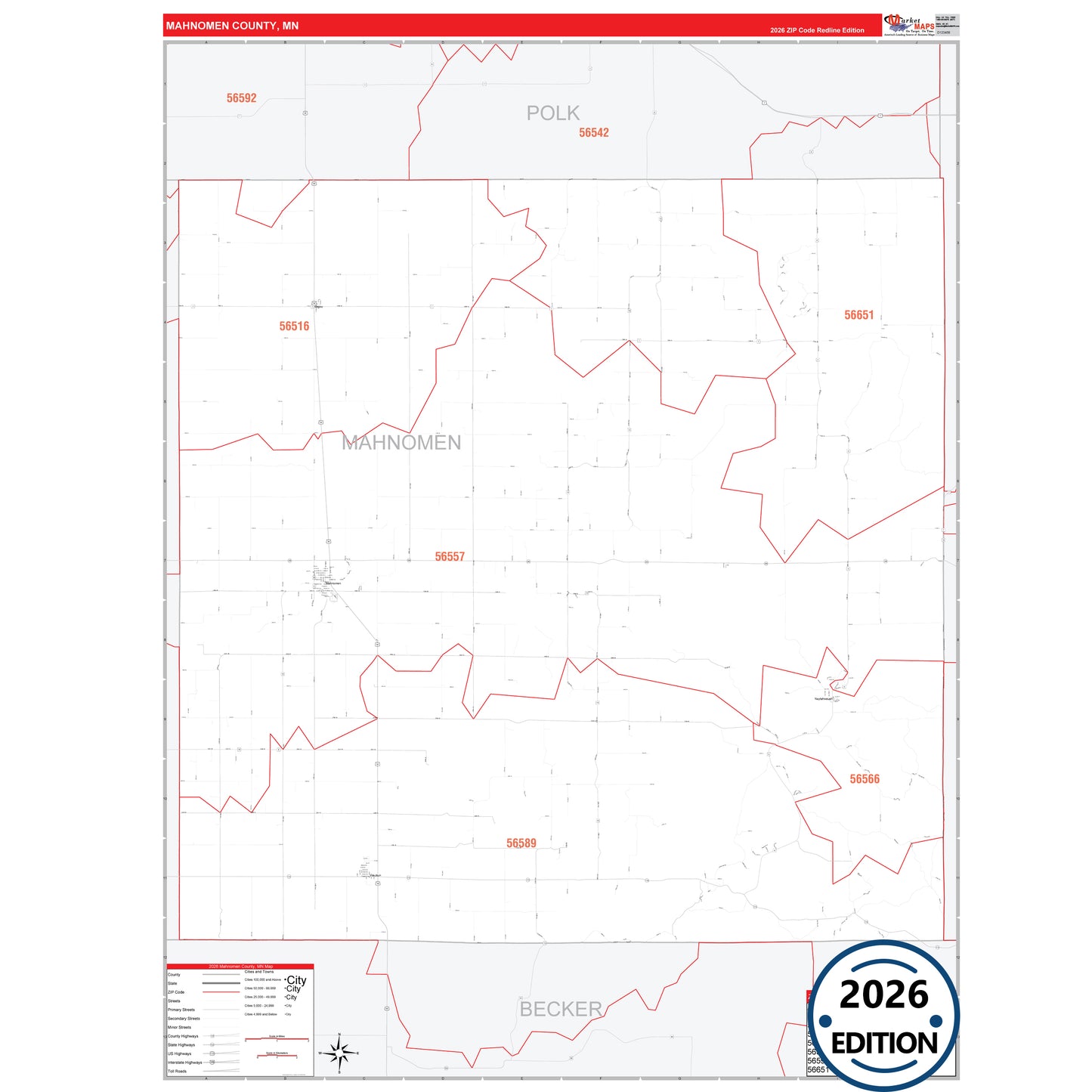 Mahnomen County, MN Red Line map with detailed roads, cities, and ZIP code boundaries.