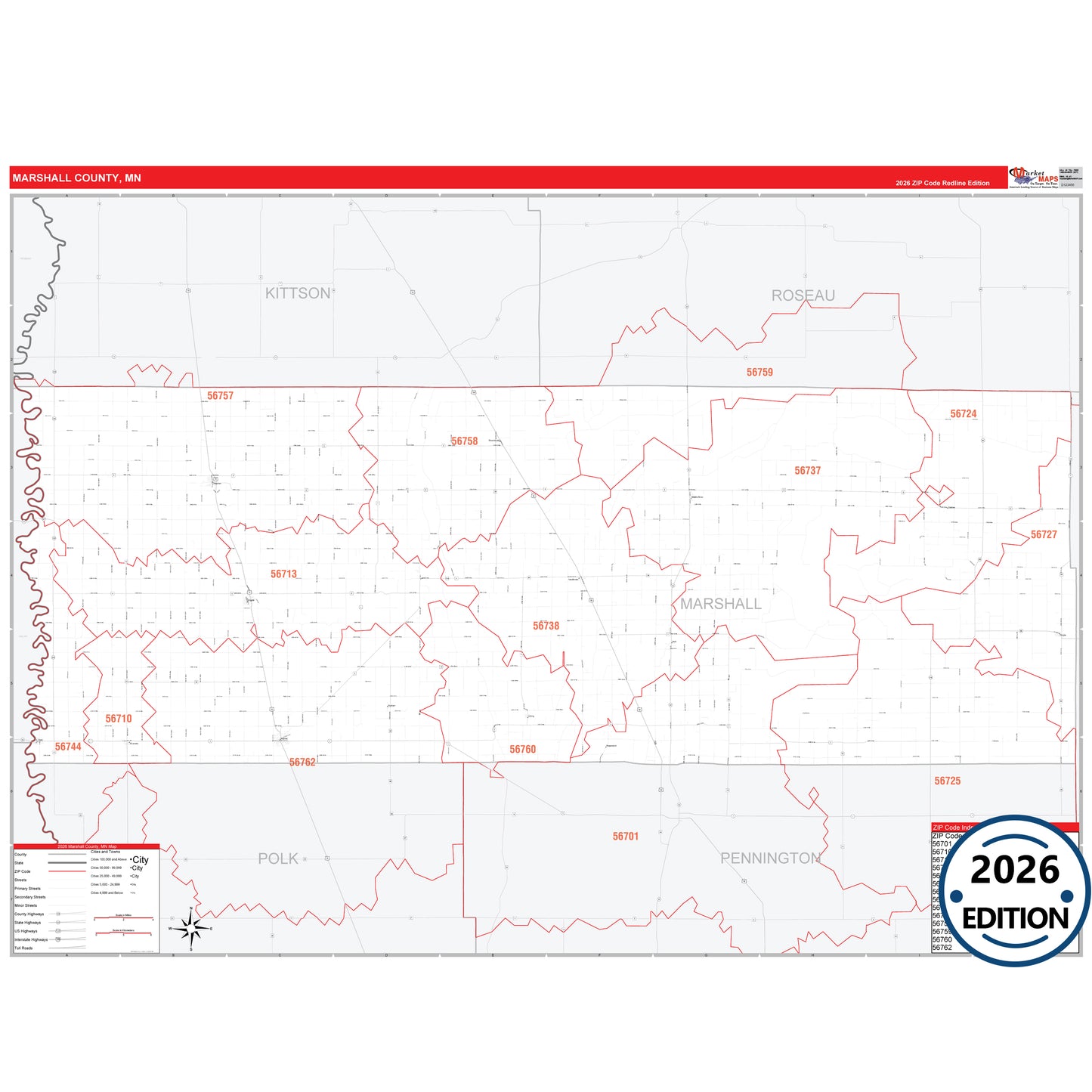 Marshall County, MN Red Line map with detailed roads, cities, and ZIP code boundaries.