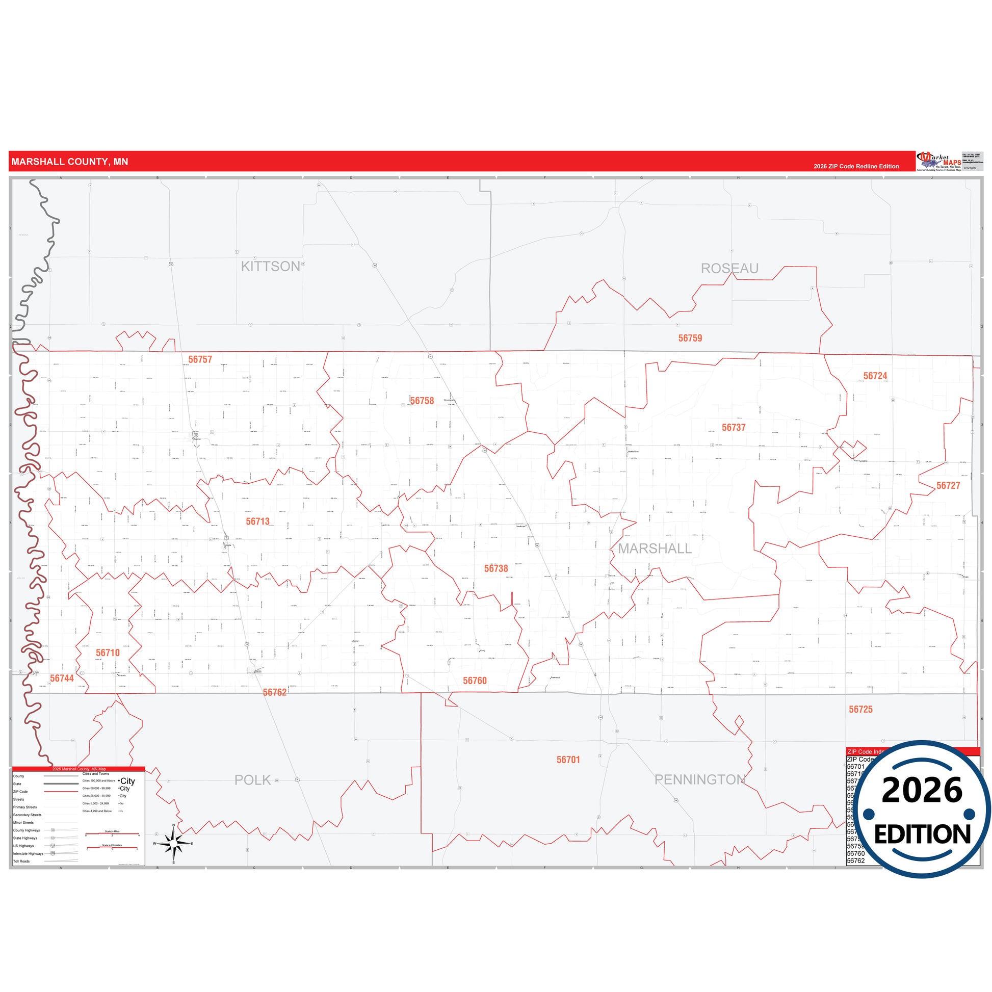 Marshall County, MN Red Line map with detailed roads, cities, and ZIP code boundaries.