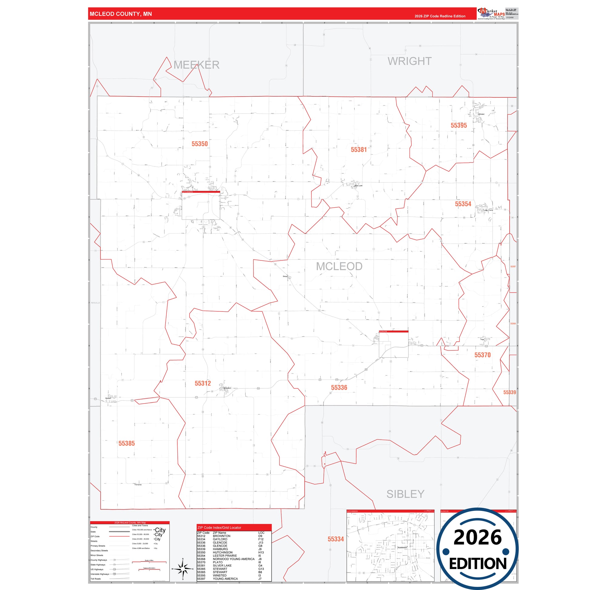 McLeod County, MN Red Line map with detailed roads, cities, and ZIP code boundaries.