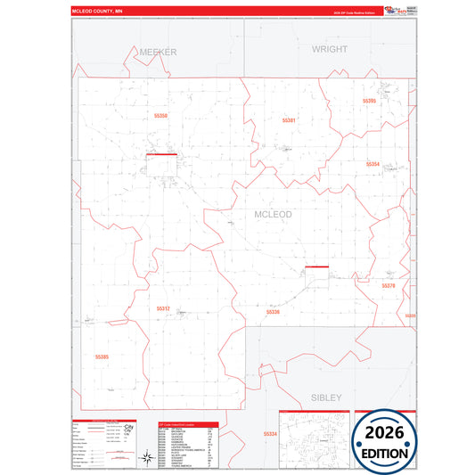 McLeod County, MN Red Line map with detailed roads, cities, and ZIP code boundaries.