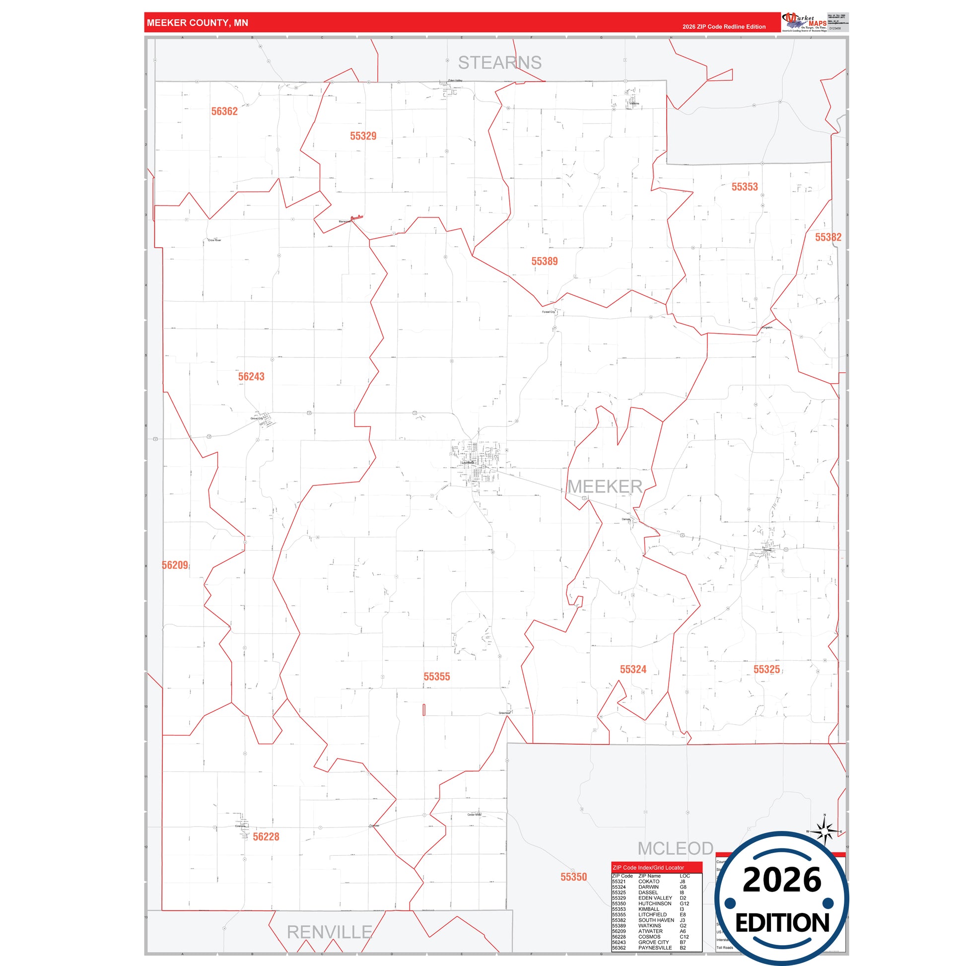 Meeker County, MN Red Line map with detailed roads, cities, and ZIP code boundaries.