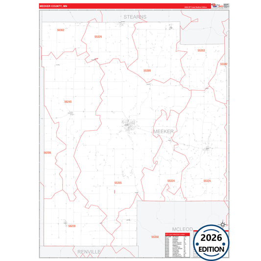 Meeker County, MN Red Line map with detailed roads, cities, and ZIP code boundaries.