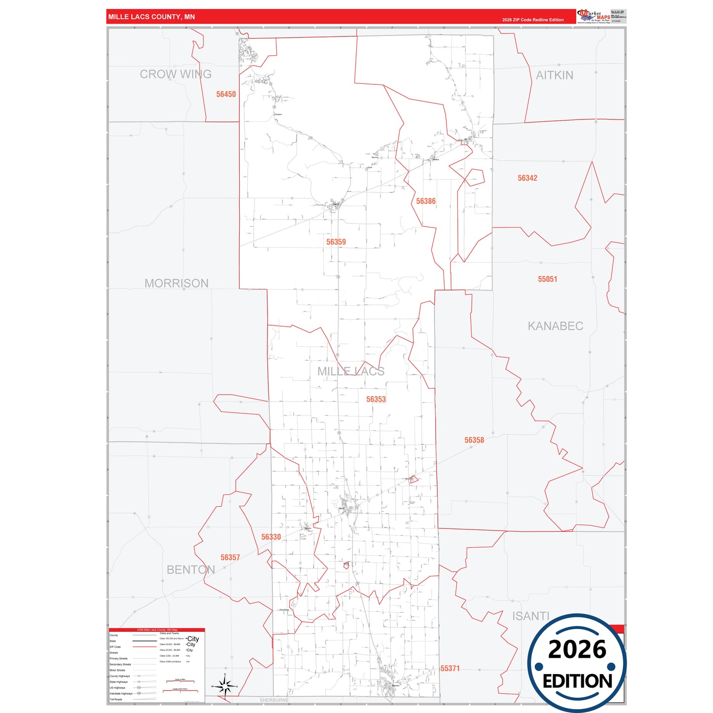 Mille Lacs County, MN Red Line 5 Digit ZIP Code Wall Map