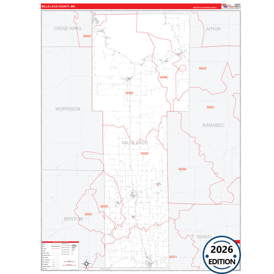 Mille Lacs County, MN Red Line 5 Digit ZIP Code Wall Map
