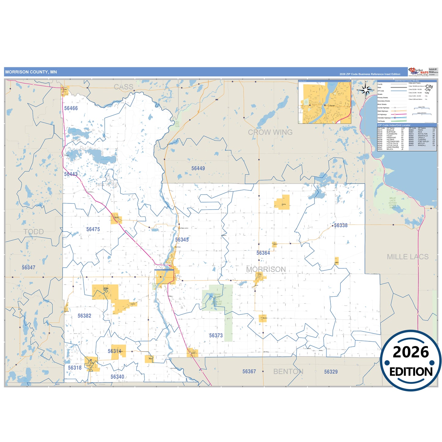 Morrison County, MN Business Reference 5 Digit ZIP Code Wall Map