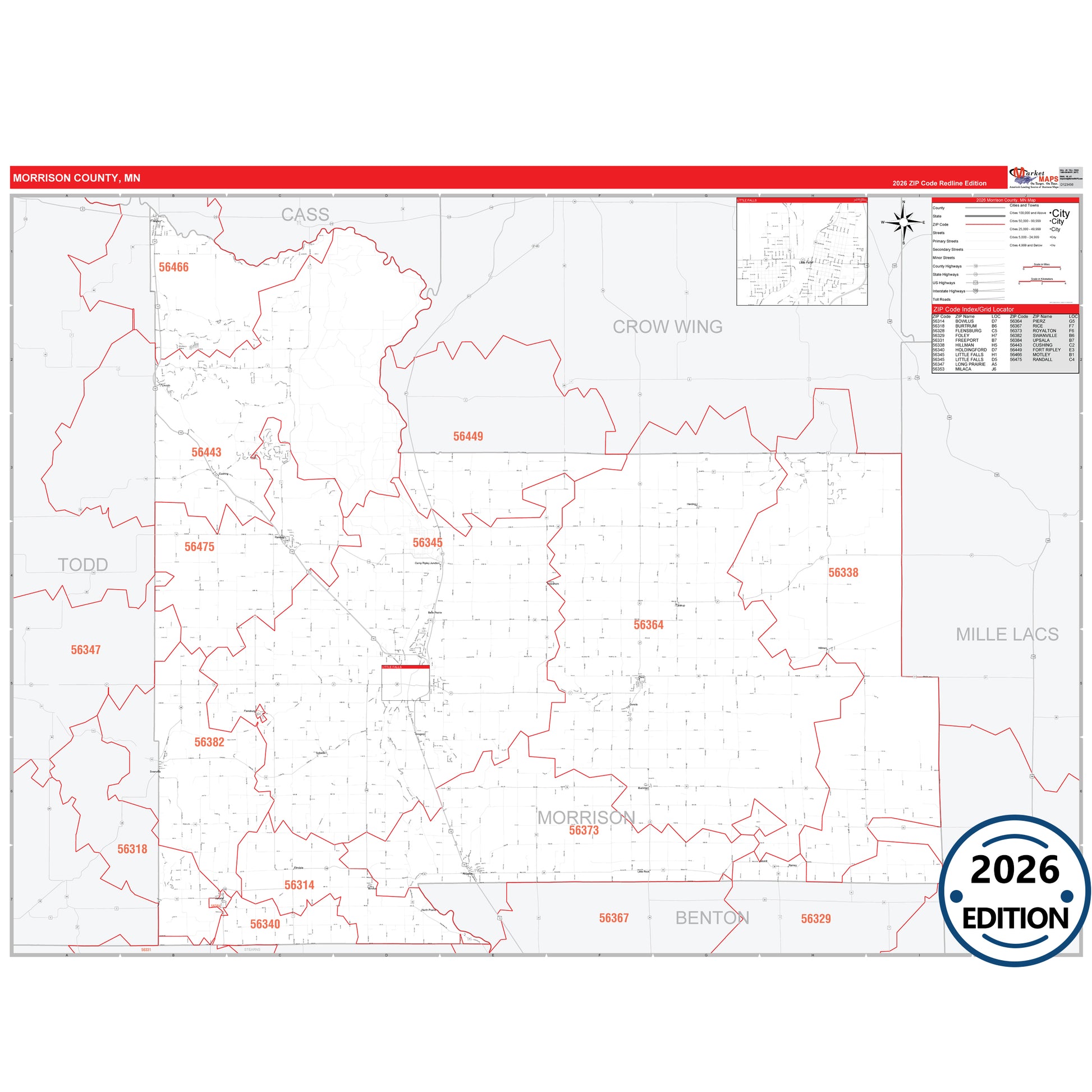 Morrison County, MN Red Line map with detailed roads, cities, and ZIP code boundaries.